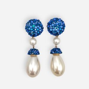 Vintage James Arpad Clip On Earrings Rhinestone‎ Pearl Couture 3.5" Drop Dangle